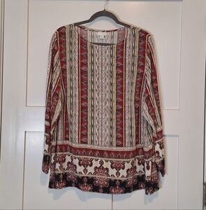 J. Jill Floral Medallion Print Tunic Top 100% Rayon Long Sleeve Sz 2X Red White